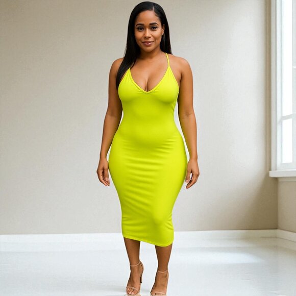 V Neck Long Midi Bodycon Dress - Picture 1 of 8